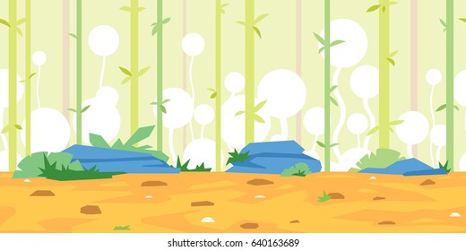 Bamboo overgrown with fantastic white plants, grounds with stones, bushes and green grass, nature game background, tileable horizontally