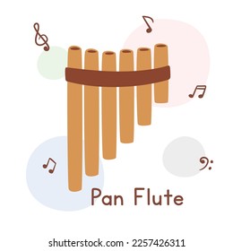 Bamboo pan flute clipart cartoon style. Simple cute wooden panpipes woodwind instrument flat vector illustration. Wind instrument syrinx hand drawn doodle style. Greece folk musical instrument vector