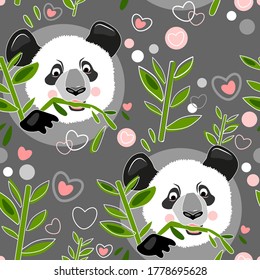 Panda de bambú con la cabeza de oso con corazones bonitos y puntos de polka sin fisuras