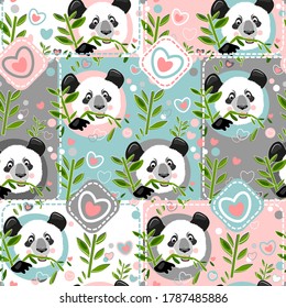 Bamboo panda bear head with cute hearts and polka dots seamless pattern