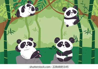 Concepto de fondo de la jungla arbórea del bosque de bambú panda. Ilustración del diseño gráfico del vector