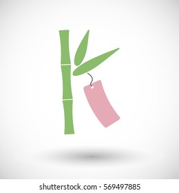 Bamboo with paper strip icon. Flat design of Tanabata Japanese stars festival symbol with round shadow. Vector illustration