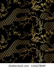 bamboo peach flower branch vector seamless japanese chinese pattern gold black traditional