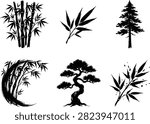 Bamboo and Pine Tree Silhouette Set, Asian Style Black Botanical Illustrations Including Bonsai Tree, Vector Nature Elements Collection