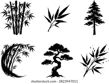 Bamboo and Pine Tree Silhouette Set, Asian Style Black Botanical Illustrations Including Bonsai Tree, Vector Nature Elements Collection