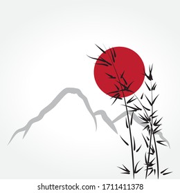 Bamboo plant, red sun and mountain in behind