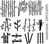 Bamboo plant silhouettes collection. Bamboo parts and section of branches and leaves shapes for design.