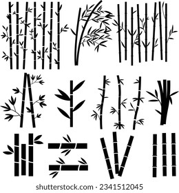Bamboo plant silhouettes collection. Bamboo parts and section of branches and leaves shapes for design.