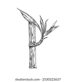 Bamboo plant, stalk piece with leaves engraved sketch. Asian nature floral hand drawn design element. East tropical forest Bamboo stem with foliage vector outline illustration isolated on white