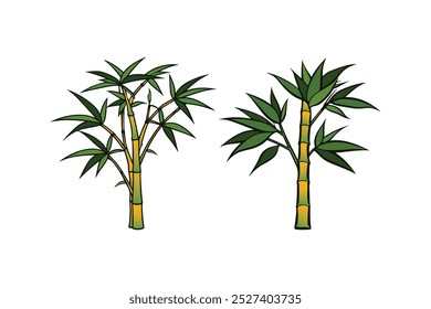 Bamboo plants with leaf decor elements, realistic vertical borders of stems, isolated leaves, and fresh natural vegetation