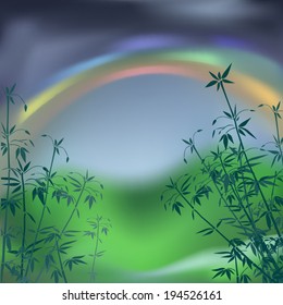 Bamboo plants silhouettes over a blurred mountain rainbow background vector illustration