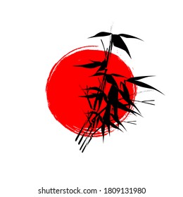 Bamboo and red sun on white background. Japanese style. Vector.