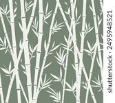 Bamboo seamless horizontal frame on green background, vector pattern of white bamboo stems.