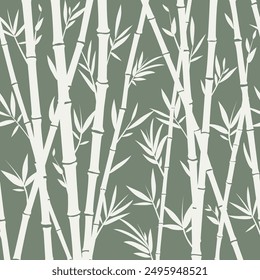 Bamboo seamless horizontal frame on green background, vector pattern of white bamboo stems.