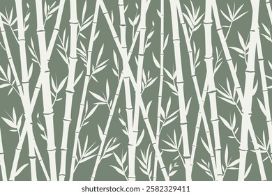 Bamboo seamless horizontal frame on green background, vector pattern of white bamboo stems.