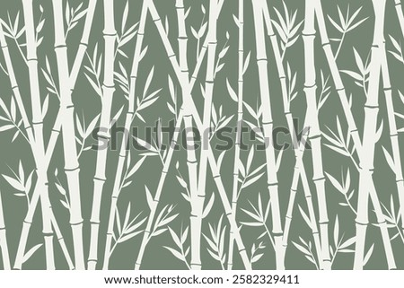 Bamboo seamless horizontal frame on green background, vector pattern of white bamboo stems.