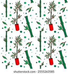 Bamboo seamless pattern. Botanical endless ornament. Green bamboo plant, sticks and leaves isolated on a white background. Perfect for wallpapers, backgrounds, print, textile, packaging, papers,fabric