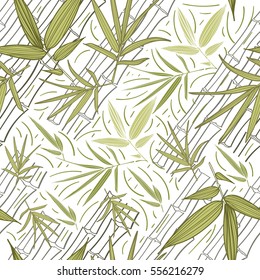 Bamboo seamless pattern. Fashion trend print. Leaves and stems of bamboo. Tropical plants.