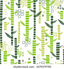 Bamboo seamless pattern with geometric shapes. Leaf trendy illustration. Modern  botany design with scribbles. Collage style. Vector flat illustration.