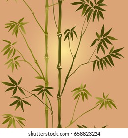 Bamboo seamless pattern on beige background. Tropical wallpaper, nature textile print, template with text place. Vector watercolor stylization.