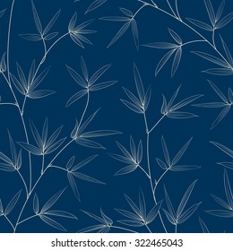 Bamboo seamless pattern on blue background. Ink painting. Vector illustration.