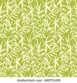 Bamboo seamless pattern on green background in japanese style, light fresh leaves, zen-like realistic design, vector illustration