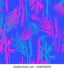 Bamboo seamless pattern with tropical Asian trees and leafs on exotic trendy background. Summer tropics texture, Chinese or Japanese nature swimwear textile print. Abstract floral wallpaper in 10 EPS 