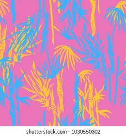 Bamboo seamless pattern with tropical Asian trees and leafs on exotic trendy background. Summer tropics texture, Chinese or Japanese nature swimwear textile print. Abstract floral wallpaper in 10 EPS 