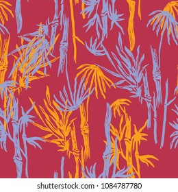 Bamboo seamless pattern with tropical Asian trees and leaves on exotic trendy background. Summer tropics texture, Chinese or Japanese nature swimwear textile print. Abstract floral wallpaper vector.