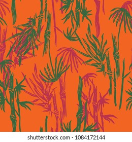 Bamboo seamless pattern with tropical leaves on exotic trendy background. Tropical asian plant wallpaper, chinese or japanese nature swimwear textile print.