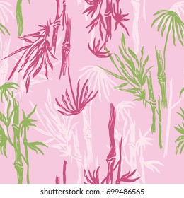 Bamboo seamless pattern with tropical leaves on exotic trendy background. Tropical asian plant wallpaper, chinese or japanese nature swimwear textile print.