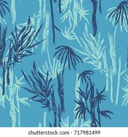 Bamboo seamless pattern with tropical leaves on exotic trendy background. Tropical asian plant wallpaper, chinese or japanese nature swimwear textile print.