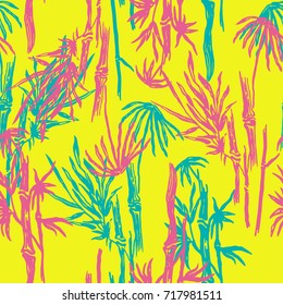 Bamboo seamless pattern with tropical leaves on exotic trendy background. Tropical asian plant wallpaper, chinese or japanese nature swimwear textile print.