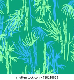 Bamboo seamless pattern with tropical leaves on exotic trendy background. Tropical asian plant wallpaper, chinese or japanese nature swimwear textile print.