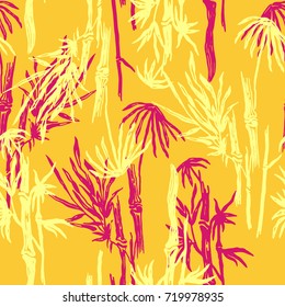 Bamboo seamless pattern with tropical leaves on exotic trendy background. Tropical asian plant wallpaper, chinese or japanese nature swimwear textile print.