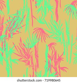 Bamboo seamless pattern with tropical leaves on exotic trendy background. Tropical asian plant wallpaper, chinese or japanese nature swimwear textile print.