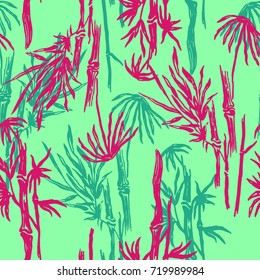 Bamboo seamless pattern with tropical leaves on exotic trendy background. Tropical asian plant wallpaper, chinese or japanese nature swimwear textile print.