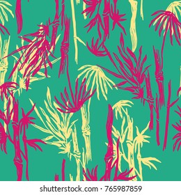 Bamboo seamless pattern with tropical leaves on exotic trendy background. Tropical asian plant wallpaper, chinese or japanese swimwear textile print.