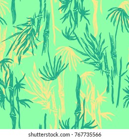 Bamboo seamless pattern with tropical leaves on exotic trendy background. Tropical asian plant wallpaper, chinese or japanese nature swimwear textile print.