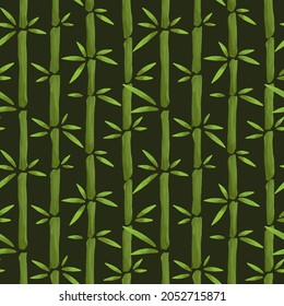 bamboo seamless pattern with vertical stems and green bamboo leaves in cartoon hand drawn style, vector illustration for eco natural design