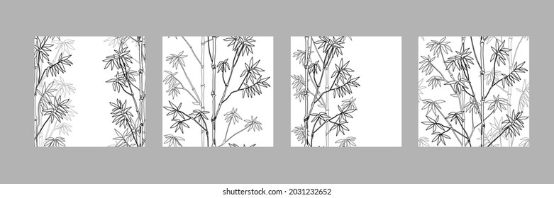 Bamboo seamless patterns set. Tropical outline repeat wallpapers, nature textile print, template with text place, coloring page.