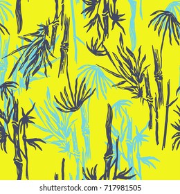 Bamboo seamless tropical pattern on exotic yellow background. Tropical asian plant wallpaper, chinese or japanese nature textile print.
