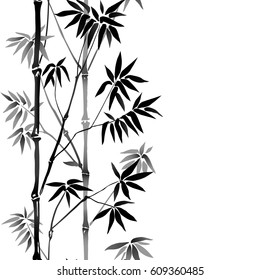 Bamboo Seamless Vertical Border on white background. Tropical wallpaper, nature textile print, template with text place. Vector watercolor stylization.