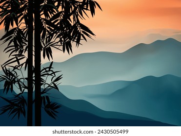 Bamboo silhouette with blue mountain at the background.