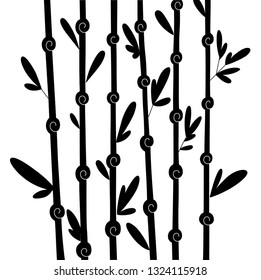 Bamboo silhouette forest set. Nature Japan, China. Plant black tree with leaves. Rainforest in Asia.
