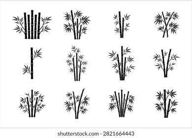 Bamboo Silhouette Icon Set, Botanical Bamboo Stalks and Leaves Vector Bundle for Nature, Zen and Asian Design Isolated on White