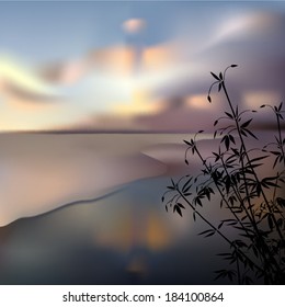 Bamboo silhouettes on a blurred tropical beach background vector illustration