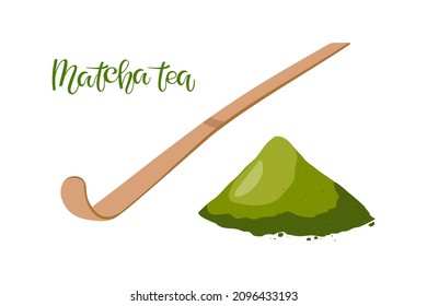 Bambuslöffel für grüne Tee-Matcha. Japanisches Matcha-Tool für die Herstellung traditionellen japanischen Getränk Pulver Matcha Green Tea. Flache Vektorgrafik für, Vorlage, Plakat, Etikett für Café, Teehäuser.