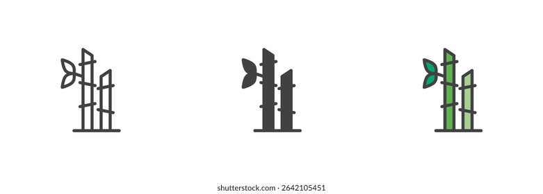 Bamboo stalk with leaves depicted in line, solid and filled outline icon style. Vector nature symbol. Bamboo plant icon set in three graphic versions.