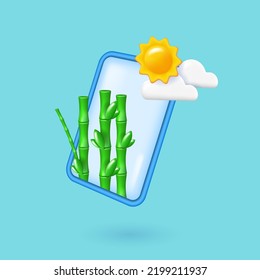 Bamboo Stalks And Bright Sun On Mobile Phone Screen. Realistic 3d Objects In Cartoon Style. Vector Illustration